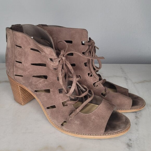 Vince Camuto Taupe Suede Cutout Lace-Up Heeled Sandals – Size 12 - Picture 4 of 11